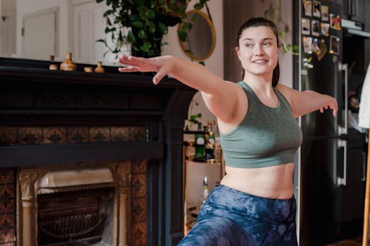 A woman doing a yoga pose in her living room with a fireplace in the background, embracing a healthy lifestyle.