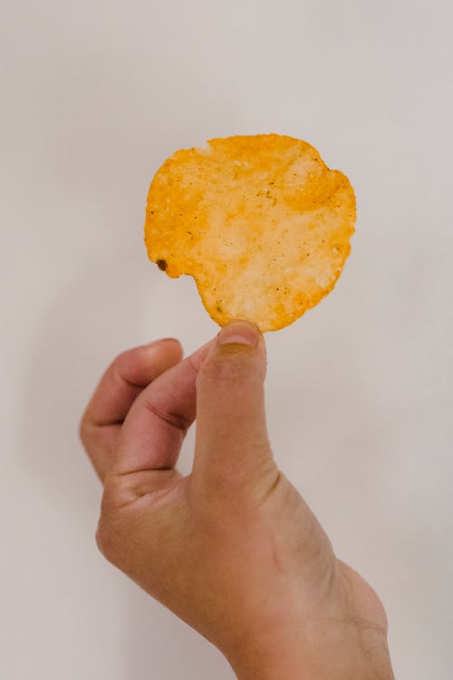 Closeup of hand with appetizing crispy potato crisp of rich orange color and round shape on gray backdrop
