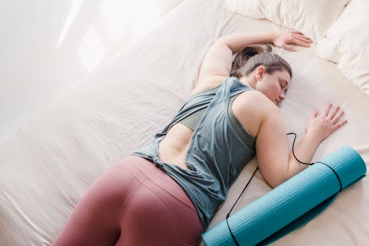 A woman in activewear resting on a bed with a yoga mat, symbolizing relaxation and fitness.