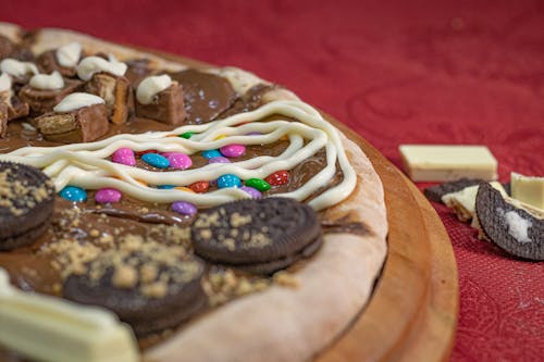 Close-up of Sweet Pizza with Candies and Chocolate