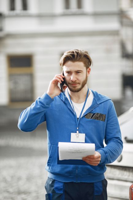 Delivery worker wearing blue jacket talks on smartphone while holding documents outdoors. Delivery worker wearing blue jacket talks on smartphone while holding documents outdoors.