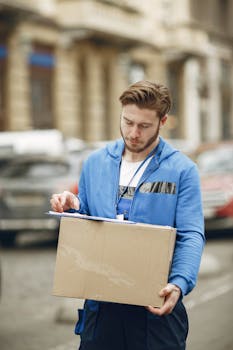 Courier in blue tracksuit verifying package details on a bustling urban street.