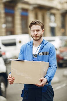A young male courier in a blue sweatshirt delivers a package on a busy city street.