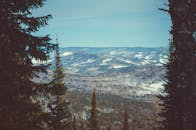 白雪覆盖的森林和令人惊叹的山景映衬在晴朗的天空下