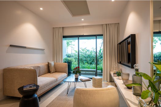 Cozy modern living room featuring a sofa, TV, and window view of greenery.