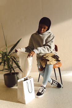 A young woman unpacks her online shopping delivery while sitting indoors on a sunny day.