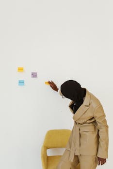 Fashionable woman in hijab organizing colorful sticky notes on a white wall.