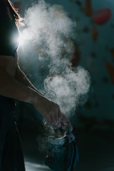 Close-up of hands dusted with climbing chalk, creating a cloud of powder in a gym.