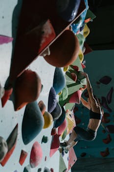 Muscular woman rock climbing on an indoor wall with colorful holds during daylight.