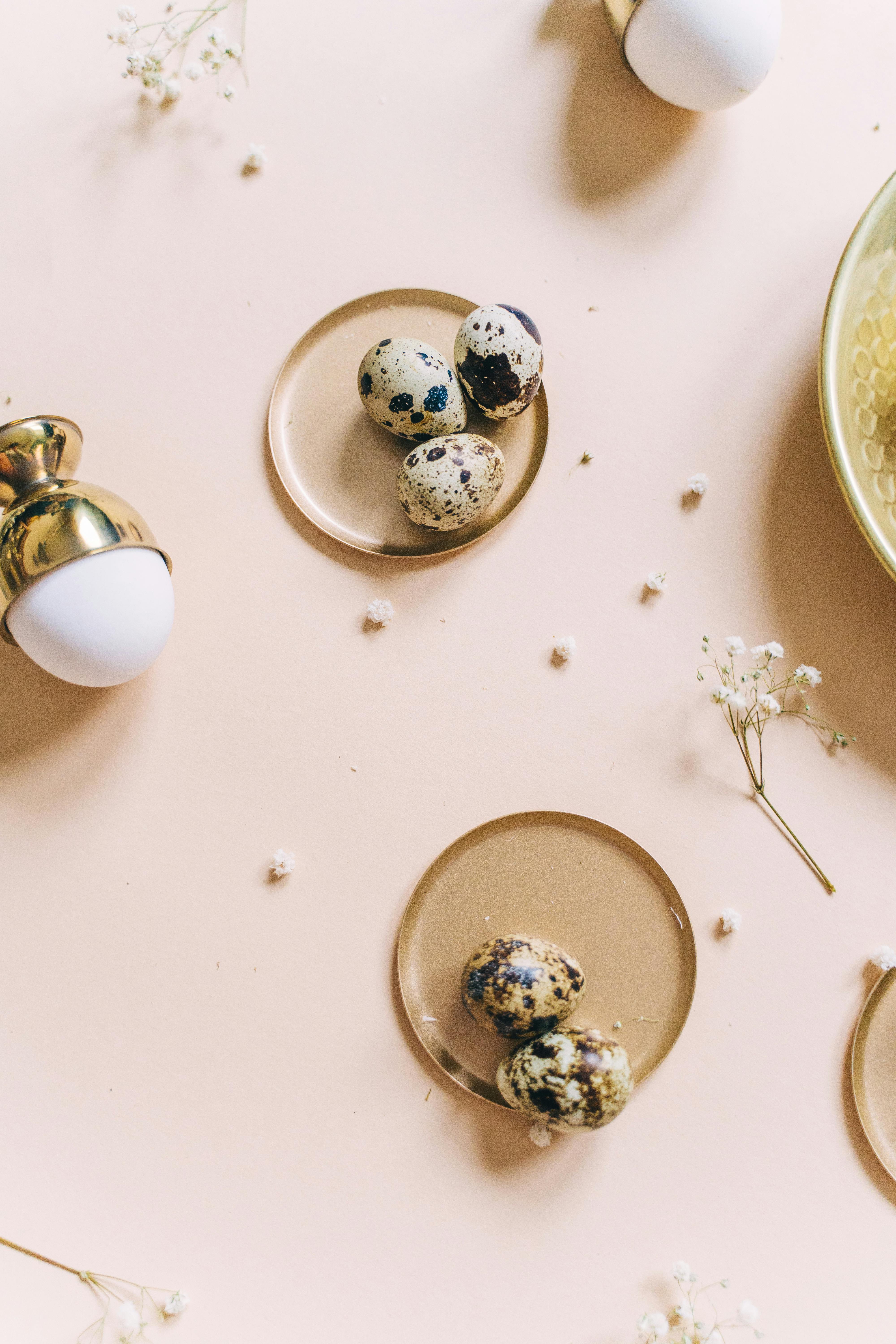 chicken and quail eggs on brown containers