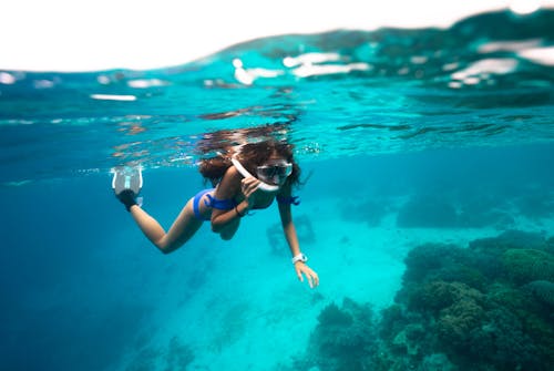 Woman in swimwear and flippers with swimming goggles and snorkel swimming near sandy bottom underwater near corals and fish in light blue sea in daytime