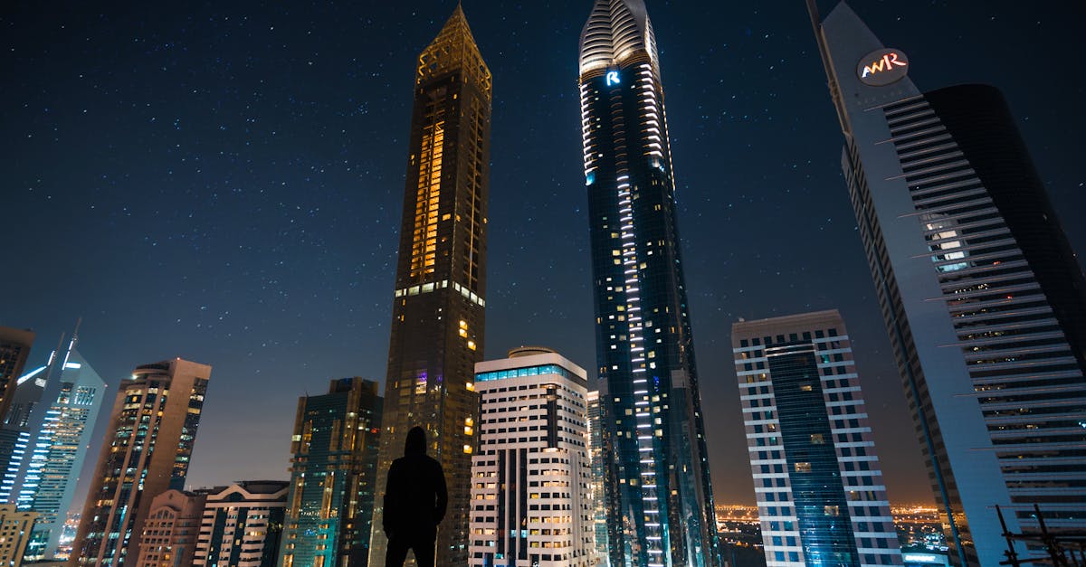 Business professional overlooking a modern city skyline at night