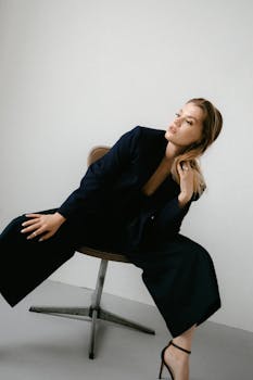 Chic and modern woman in a black blazer sits on a chair against a neutral background.