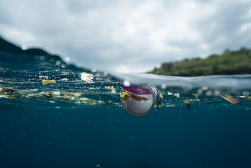 Free Plastic and rubbish floating in blue water of ocean against green island in daytime Stock Photo