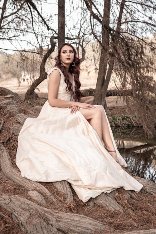 Free A Woman in White Dress Sitting on Brown Tree Stock Photo