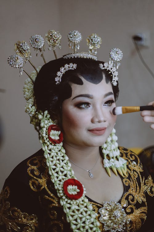 Portrait of Woman Wearing Traditional Asian Clothing and Makeup