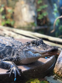 A detailed close-up of an American alligator displaying its textured scales and natural habitat.