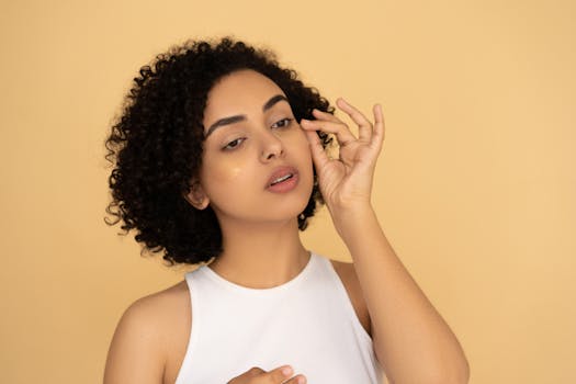 A woman with curly hair applies under eye masks against a neutral background.