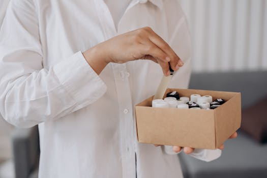 Woman in a white shirt handling skincare products, enhancing wellness routine.