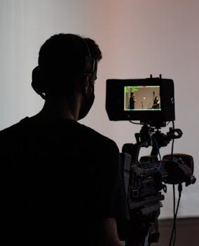 Silhouette of a cameraman operating professional video equipment in a studio setting.
