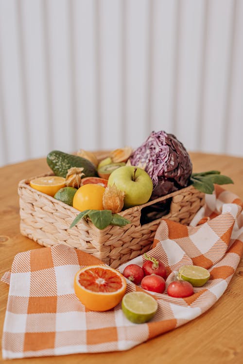 Free Variety of Fruits on Brown Woven Basket Stock Photo