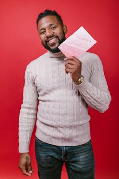 Happy man holding a Valentine's Day card against a red background, wearing a sweater.