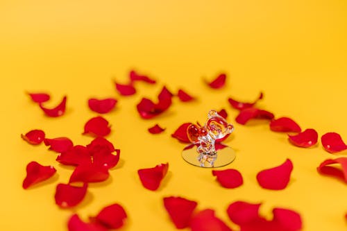 Miniature Toy and Red Flower Petals