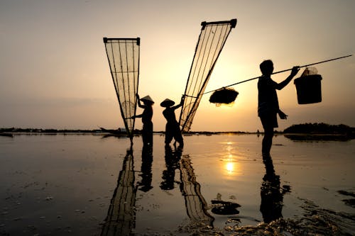 Fishermen in Vietnamese hats with fishing net in river · Free Stock Photo