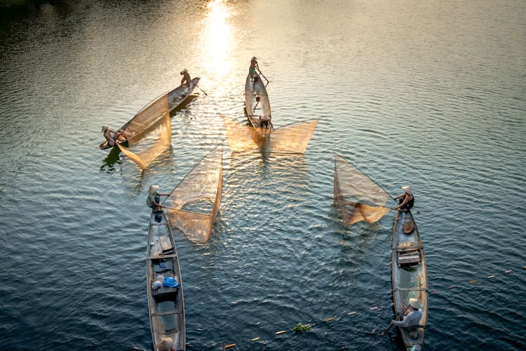 Anonymous Fishermen In Boats Catching Fish With Nets In Ocean