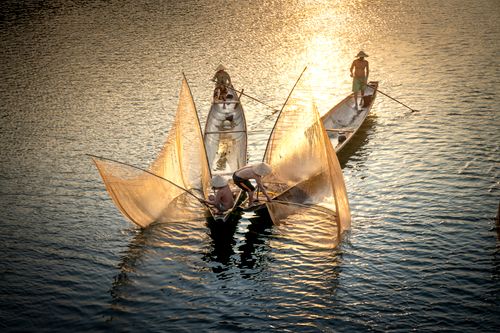 Free High angle of anonymous male partners in conical hats standing in boats while fishing with nets in glowing sea Stock Photo