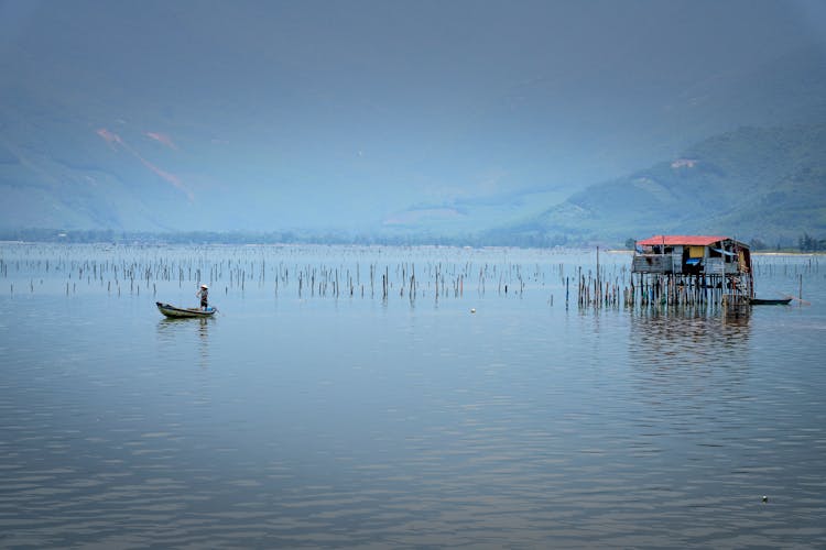 Anonymous Fisher Catching Fish In Lake From Boat