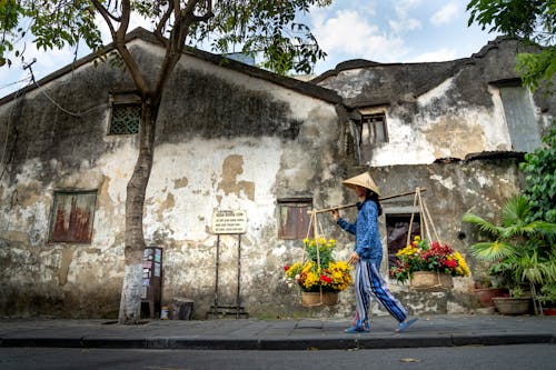 Young ethnic woman strolling in town with baskets of fresh flowers