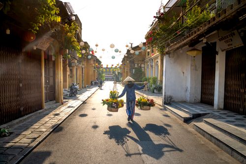 Free Back view of anonymous local woman in casual clothes and conical hat carrying heavy baskets of fresh flowers hanging on stick on neck while walking between residential houses in Vietnam Stock Photo