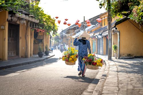 Free Back view full body of anonymous ethnic lady in casual clothes and conical hat carrying wicker baskets with bunches of fresh flowers while walking on street near small residential buildings Stock Photo