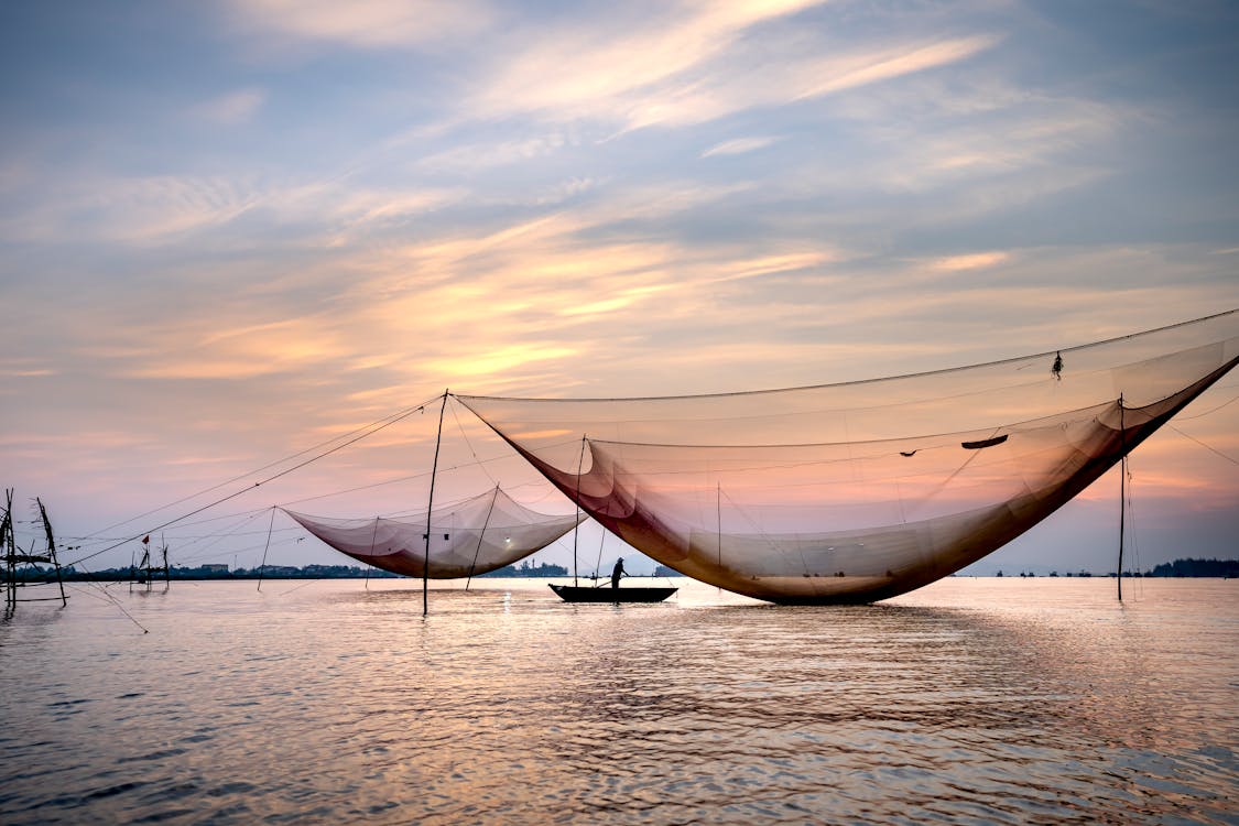 Fishing nets on rippling water near boat · Free Stock Photo