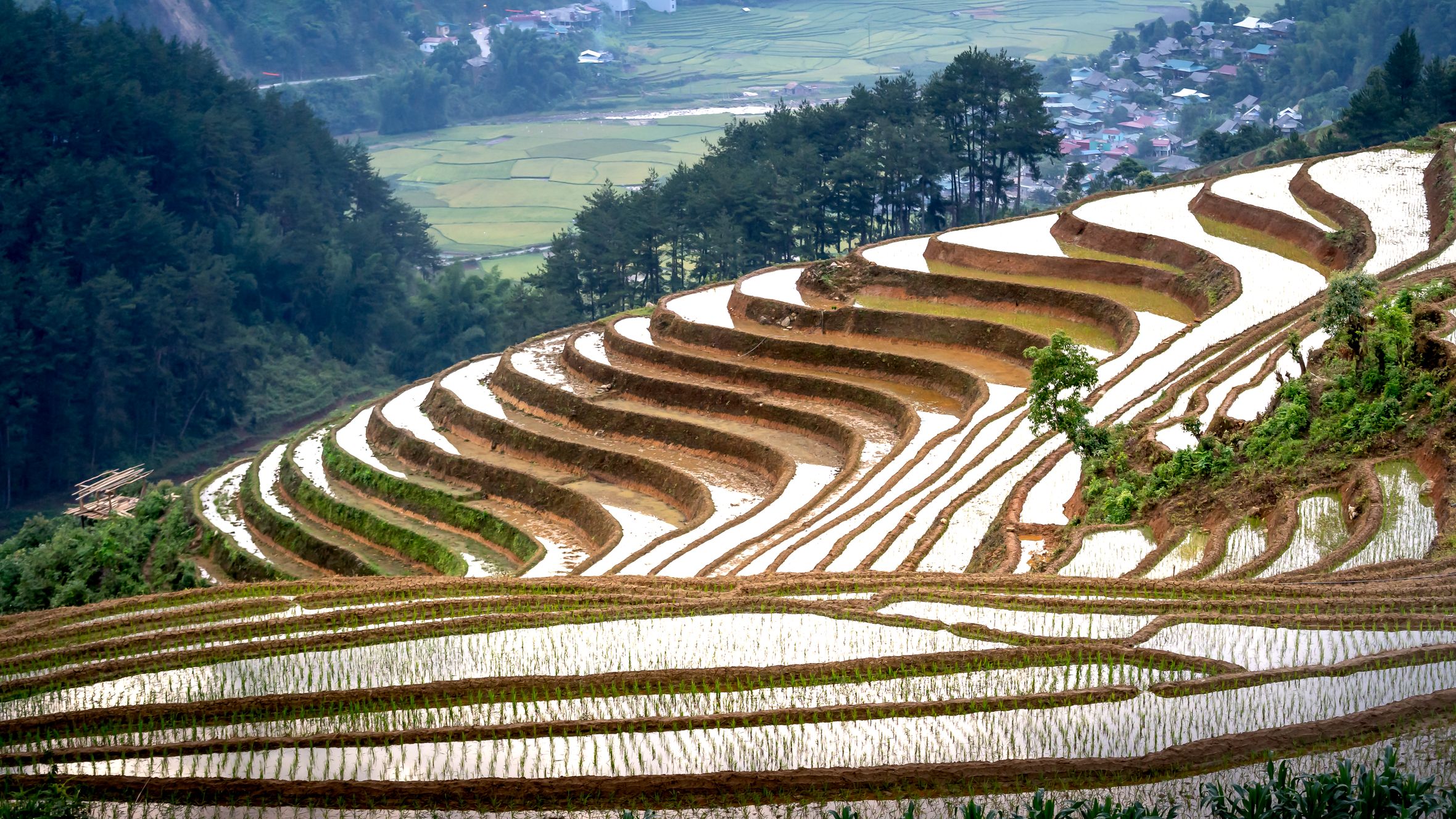 Spectacular scenery of rice paddy terraces ans small settlement located on mountain slope in Vietnam