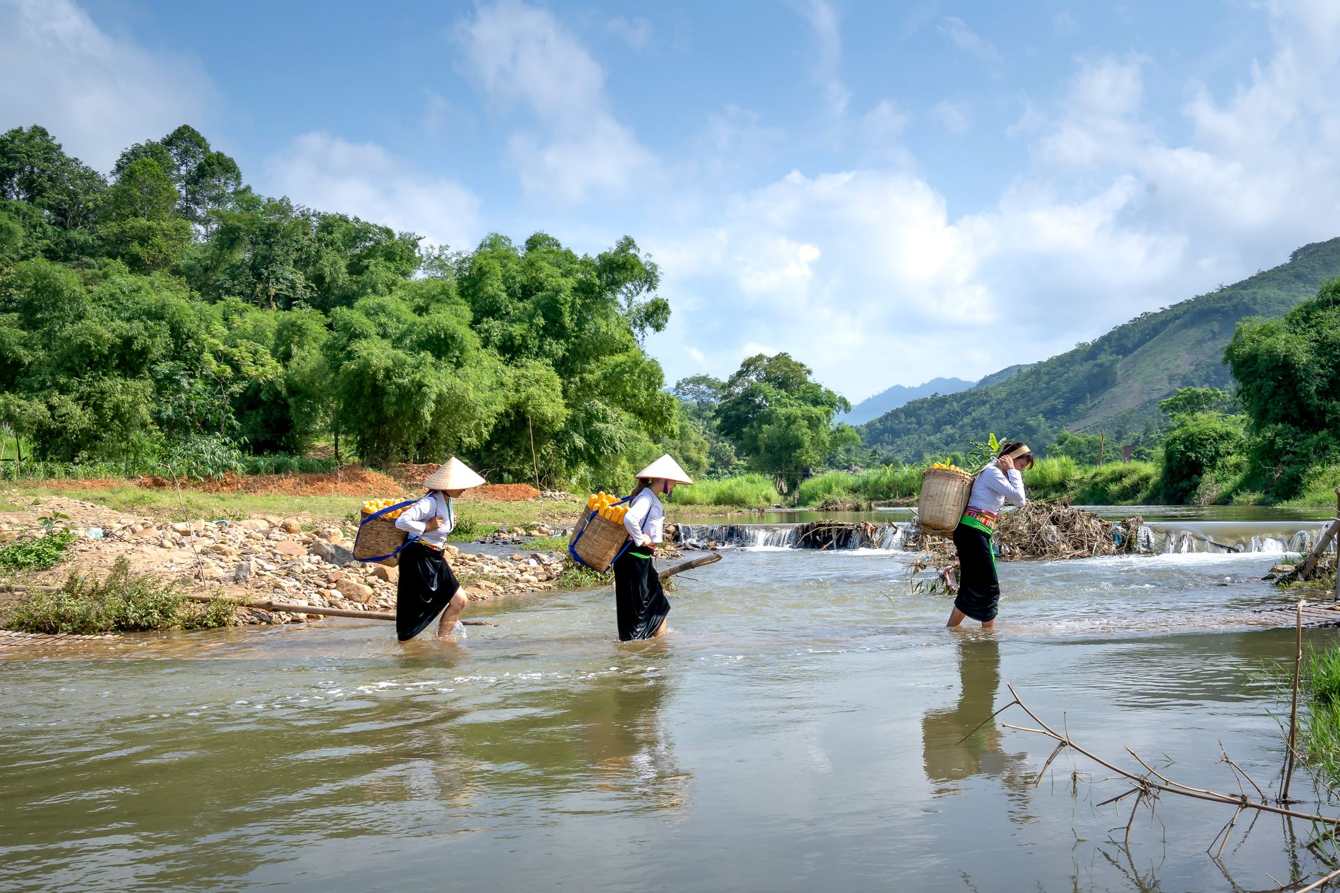 Side view of female farmers carrying full baskets while crossing river flowing through hills in sunny tropical valley