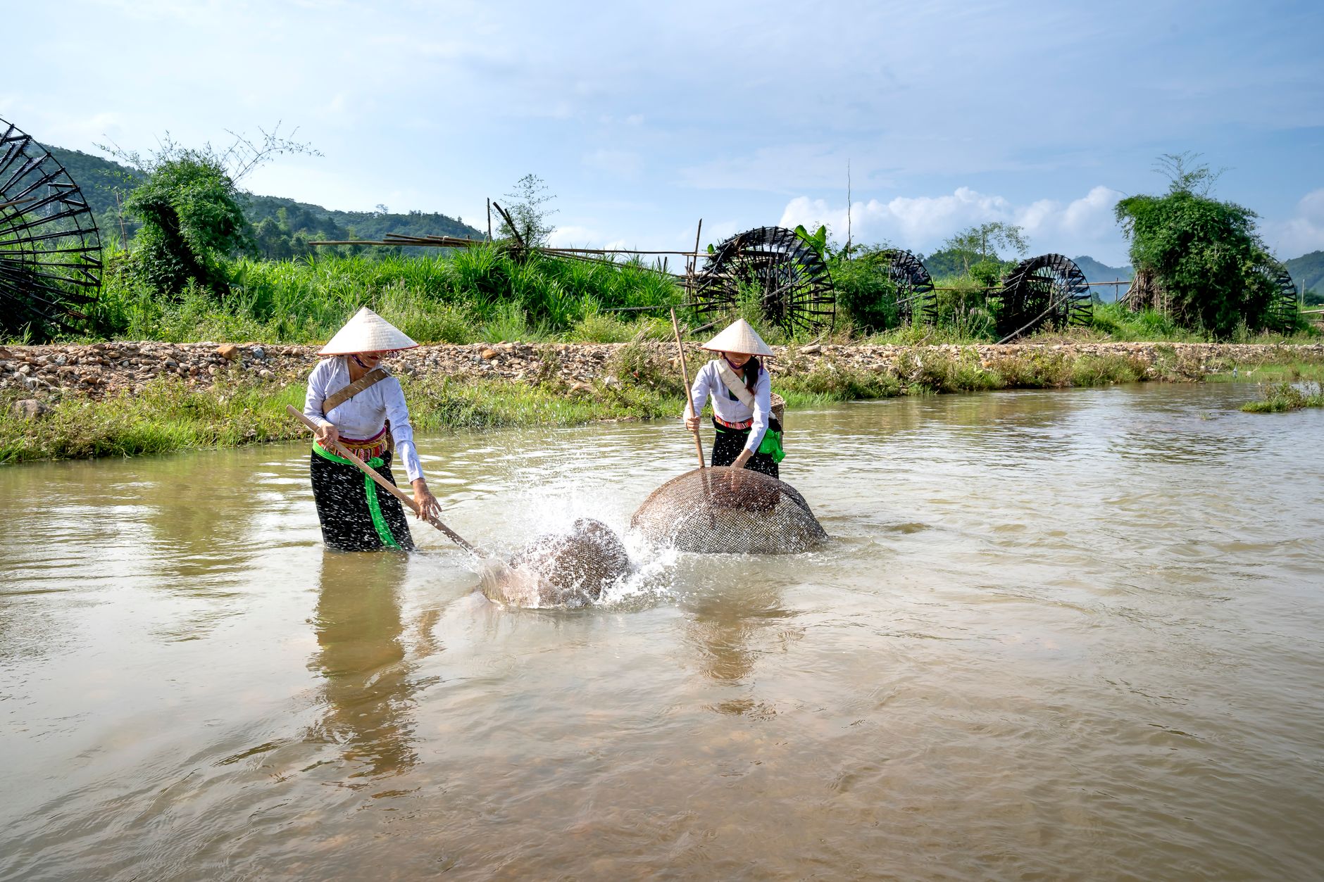 Females wearing Asian conical hats standing in river with baskets and catching fish with landing nets