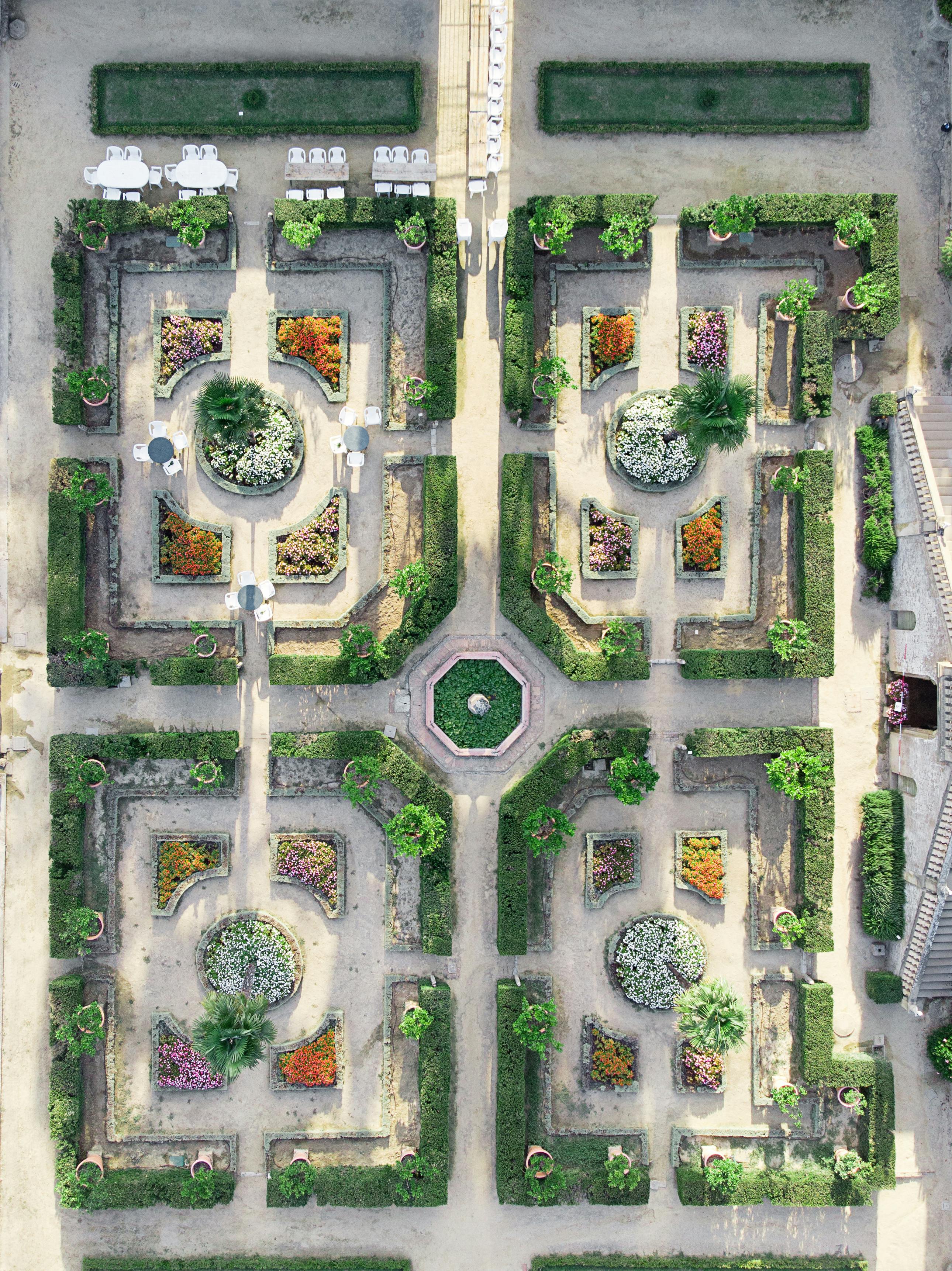 Aerial perspective of Villa Caprile's geometric Renaissance garden in Pesaro, Italy.