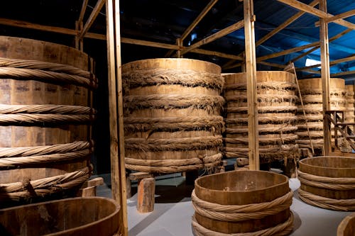 Fish sauce fermenting in wooden large barrels placed in row in local manufacture factory