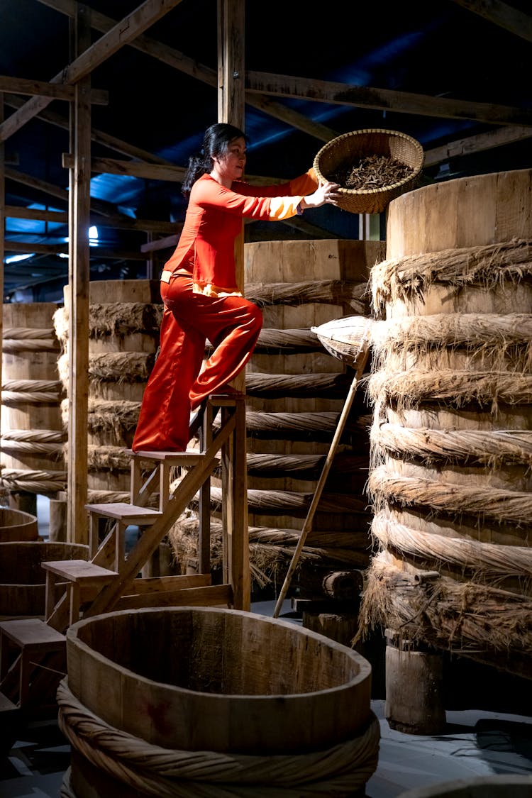 Large Wooden Barrels In A Warehouse