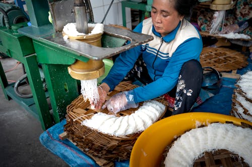 Ethnic woman making noodle in manufacture