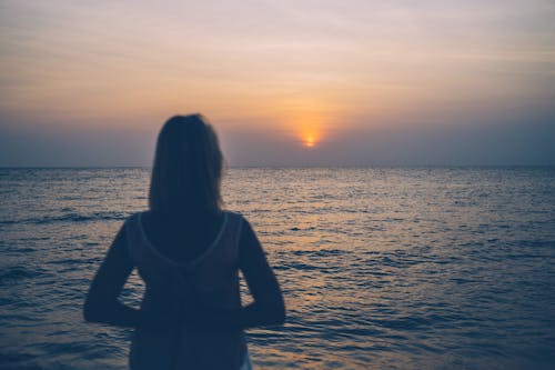 Back View of a Person Standing on Sea Shore during Sunset