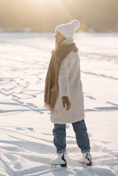 Woman ice skating on a snowy field, dressed warmly in winter clothes.
