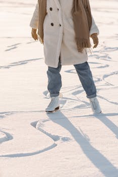 Close-up of a person ice skating on snow-covered ground during winter.