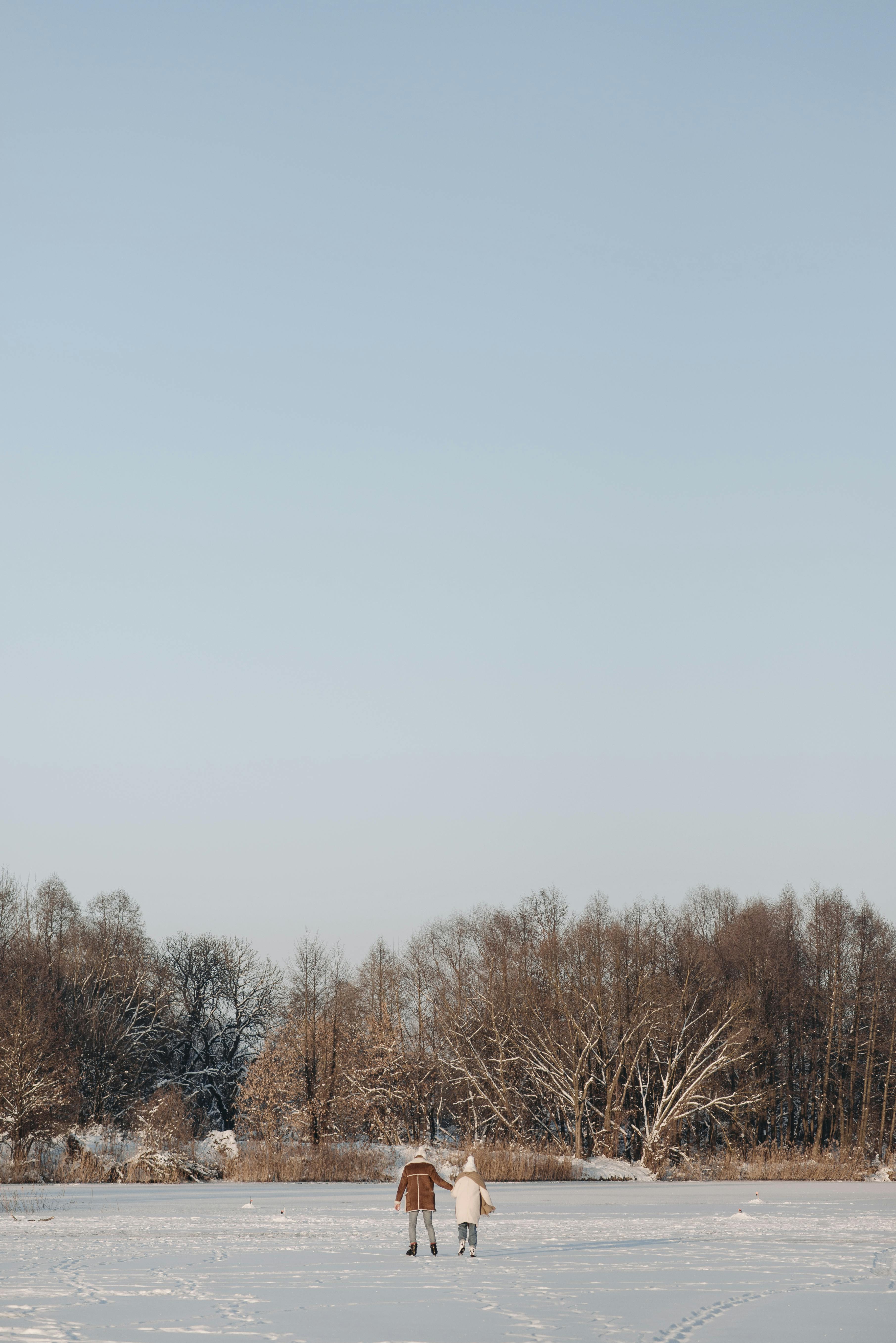 Free Back View of a Couple Holding Hands while Ice Skating Stock Photo