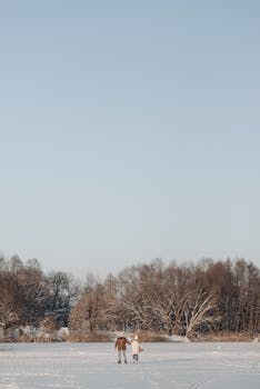 Romantic winter scene of a couple ice skating on a frozen lake lined with leafless trees.
