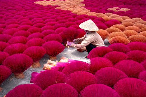 Free High angle of anonymous woman in traditional incense sticks sitting among rows of bright incense sticks in Vietnam village in daylight Stock Photo