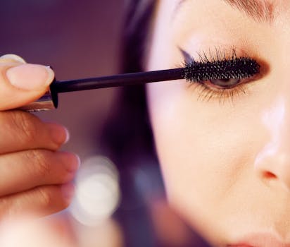 Close-up view of a woman applying mascara with precision, showcasing beauty and makeup skills.