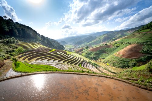 Free Breathtaking aerial view of rice terraces in a verdant valley under a bright sky. Stock Photo
